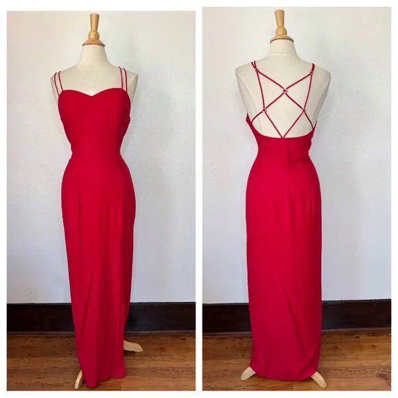Vintage Solid  Red Sleeveless Full Length Strappy Rhinestone Formal Dress - Picture 2 of 11